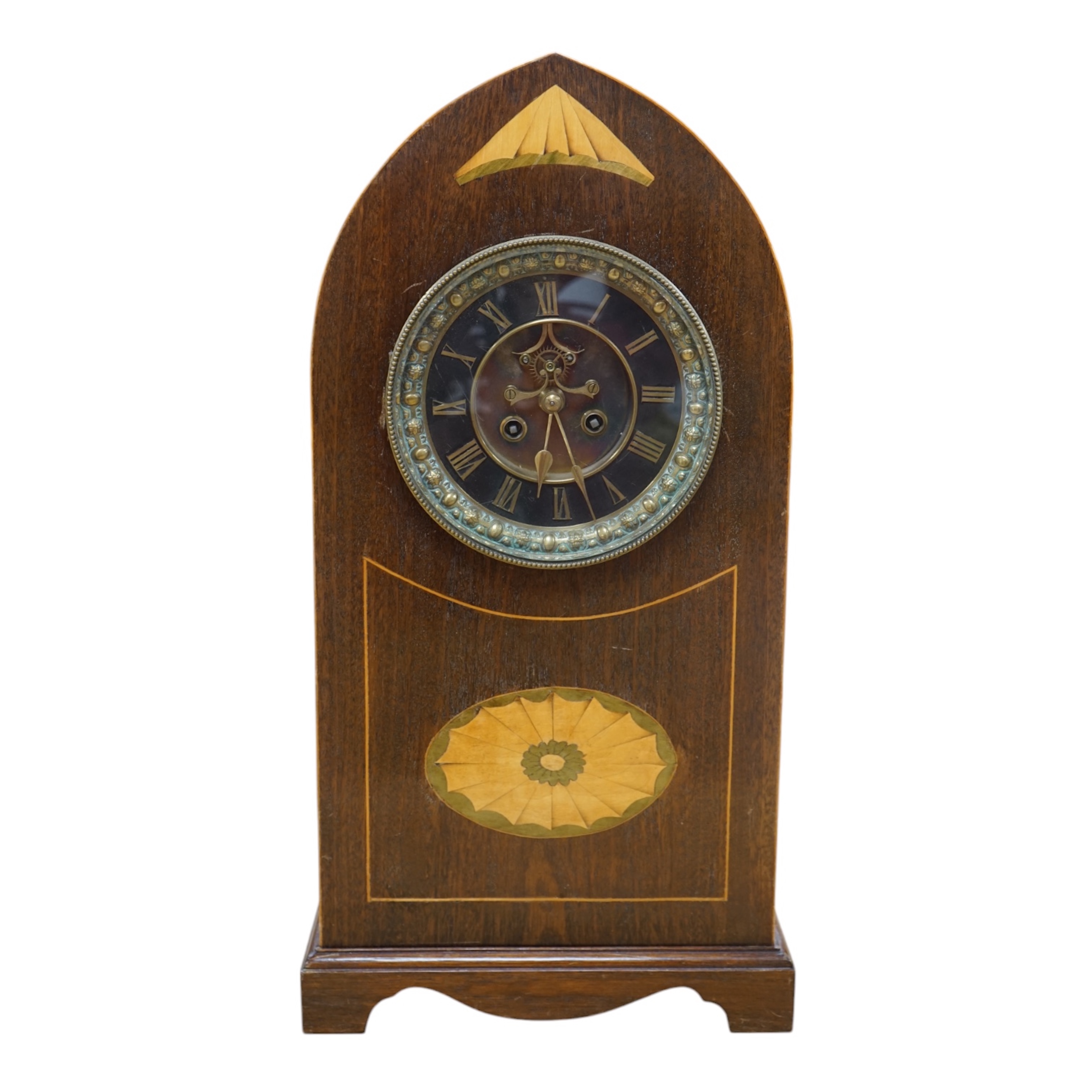 A late 19th century shell inlaid mahogany eight day lancet topped bracket clock, 56cm high. Condition - case good, clock lacking pendulum, untested if working.